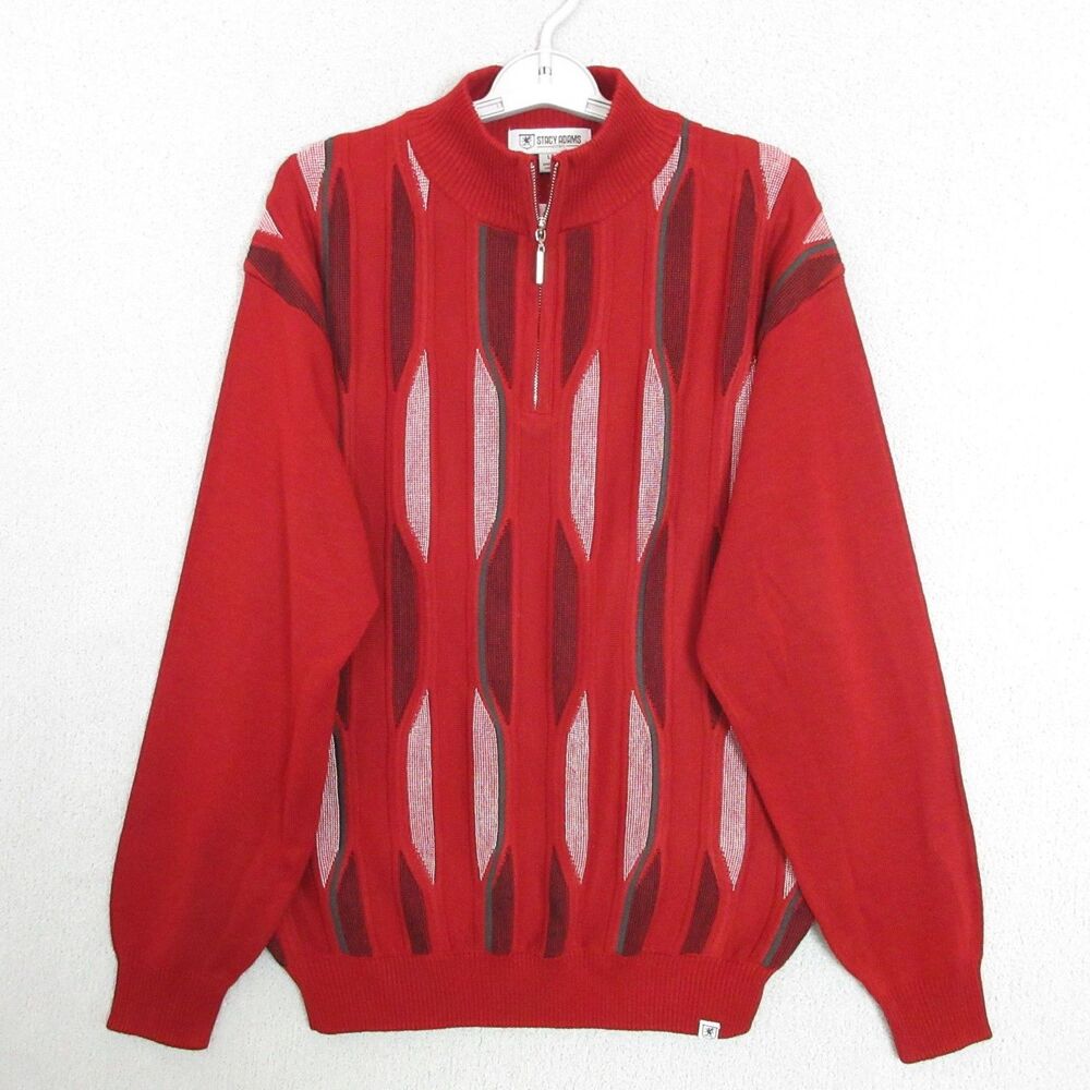 Stacy Adams Sweater Mens L Red Zip Mock Neck Geometric Acrylic Long Sleeve Retro